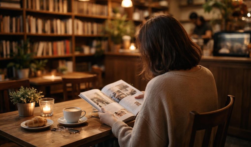 personne-cafe-lisant-etageres-plantes