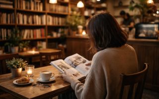 personne-cafe-lisant-etageres-plantes