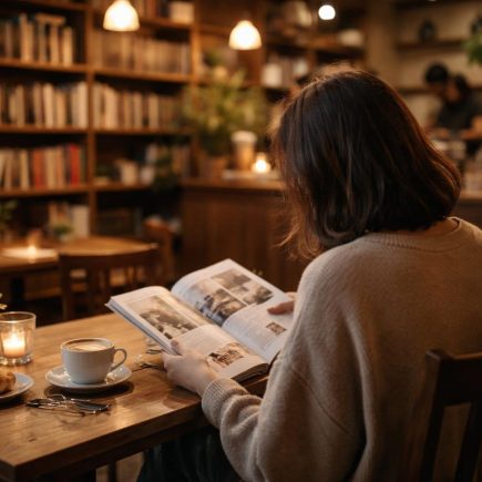 personne-cafe-lisant-etageres-plantes