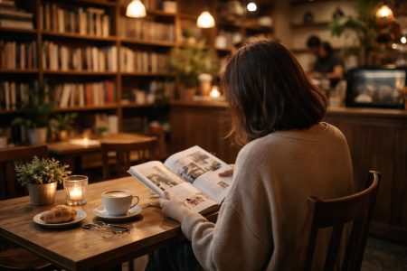 personne-cafe-lisant-etageres-plantes