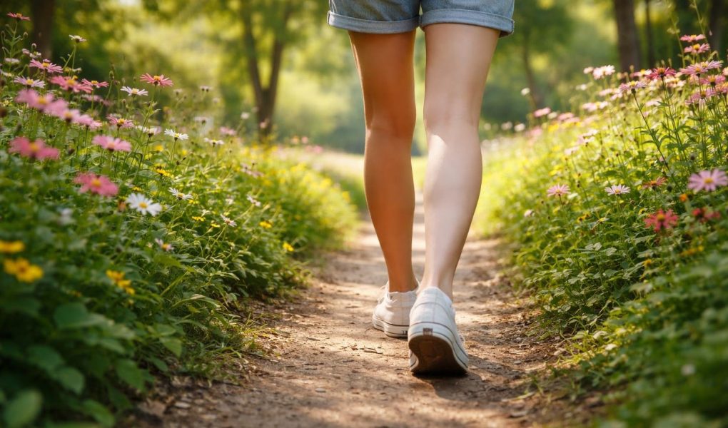jambes-marche-parc-fleurs-colorées