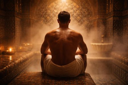 homme-hammam-vapeur-mosaique-colorée