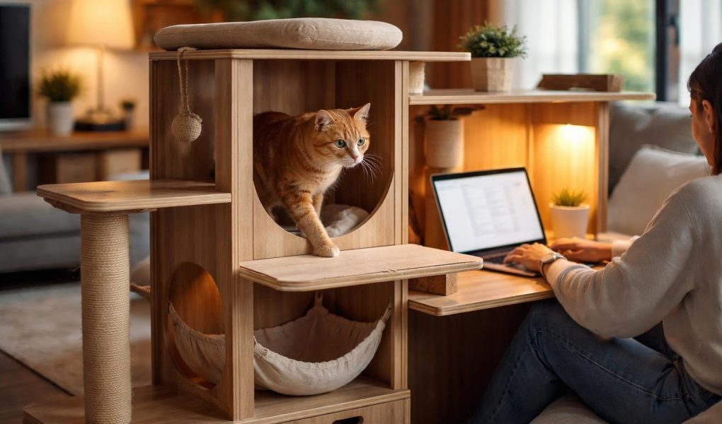 chat-explorant-meuble-bois-salon-moderne