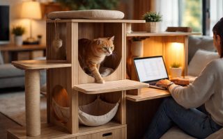 chat-explorant-meuble-bois-salon-moderne
