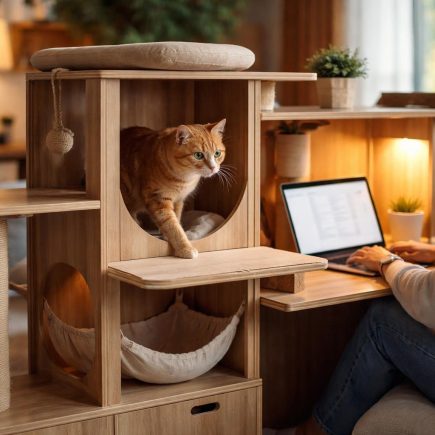 chat-explorant-meuble-bois-salon-moderne
