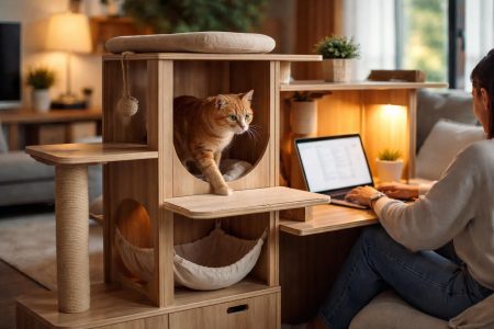 chat-explorant-meuble-bois-salon-moderne